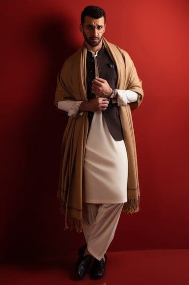 KHAKI CASHMERE WOOL MONGOLIAN SHAWL